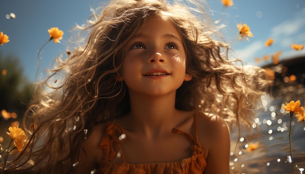 Una ragazza allegra con lunghi capelli castani gode della bellezza della natura generata dall'intelligenza artificiale