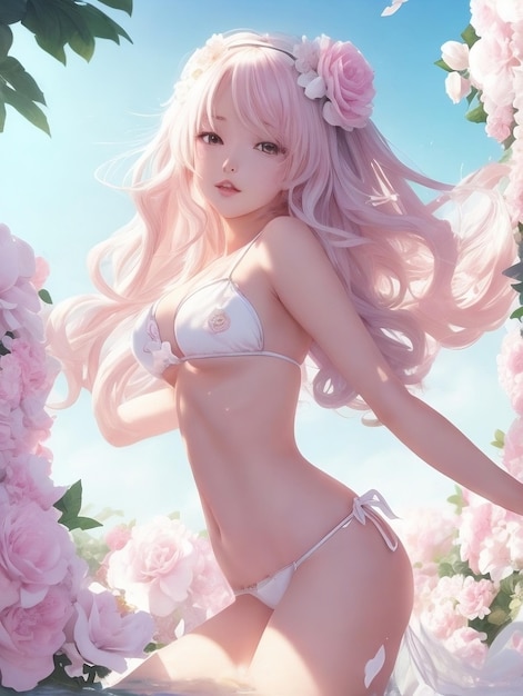 Una ragazza anime con bikini nel giardino fiorito