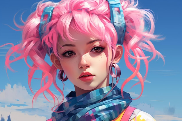 una ragazza anime con capelli rosa e orecchini