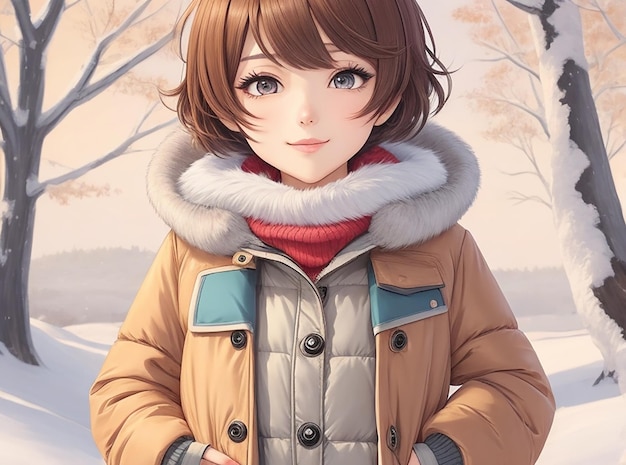 Una ragazza anime con i capelli corti che indossa abiti invernali da cartone animato