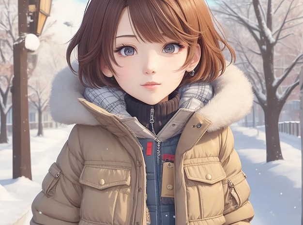 Una ragazza anime con i capelli corti che indossa abiti invernali da cartone animato