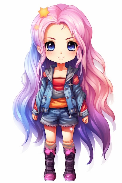 una ragazza anime con i capelli rosa e blue jeans