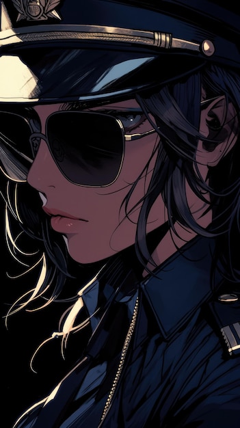 una ragazza anime in blu scuro con occhiali da sole