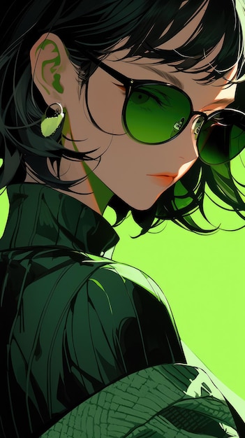 una ragazza anime in verde con occhiali da sole