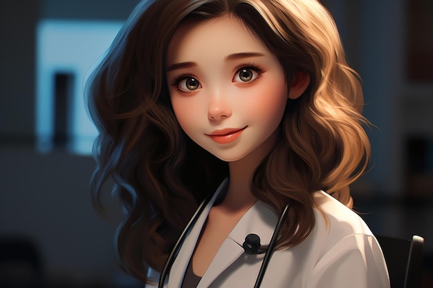 Una ragazza asiatica nera e dai capelli dritti, occhi grandi, sorriso, dottore, ritratto realistico sullo sfondo bianco.
