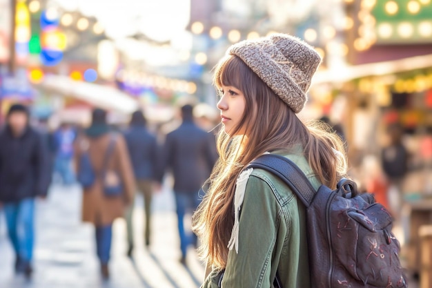 Una ragazza asiatica passeggia come una turista tra le bellissime strade generate da Ai