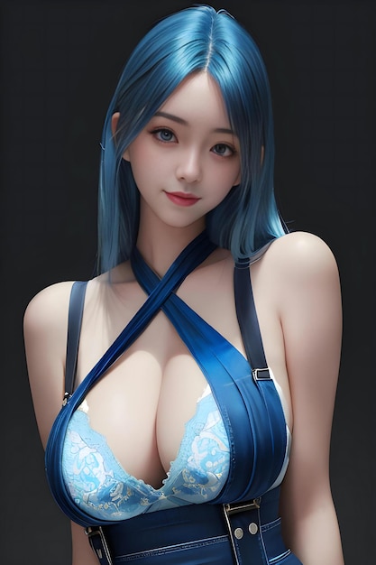 Una ragazza asiatica sexy con i capelli blu e la lingerie su uno sfondo nero.