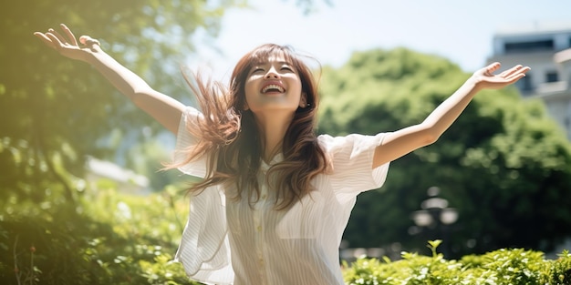 Una ragazza asiatica spensierata sta ridendo e ballando nel parco godendosi la giornata di sole estiva