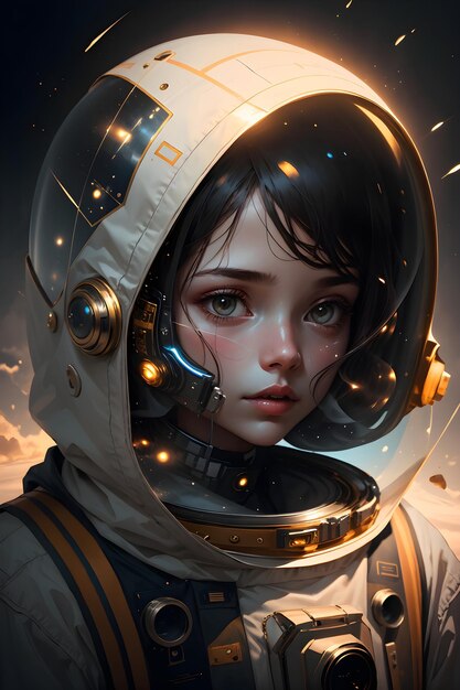 Una ragazza astronauta in tuta spaziale nell'illustrazione della carta da parati di fantascienza sullo sfondo dello spazio esterno