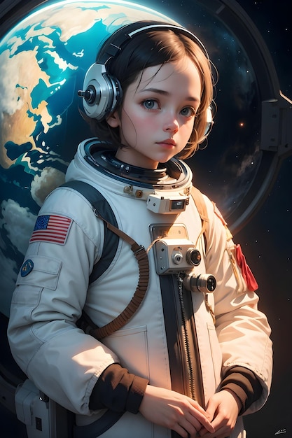 Una ragazza astronauta in tuta spaziale nello spazio esterno sfondo carta da parati di fantascienza