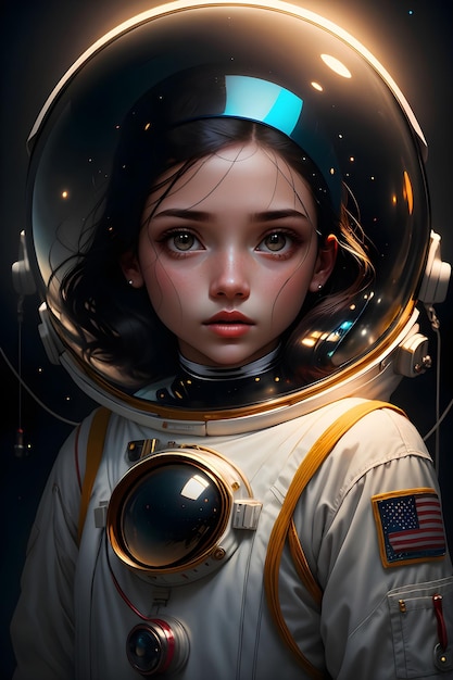 Una ragazza astronauta in tuta spaziale nello spazio esterno sfondo carta da parati di fantascienza