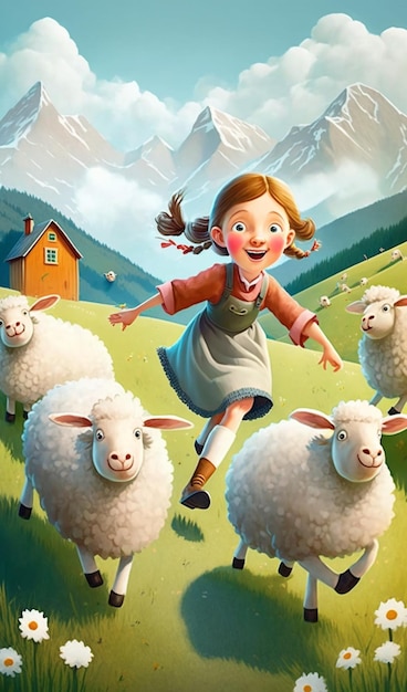 Una ragazza attraversa di corsa un campo di pecore.