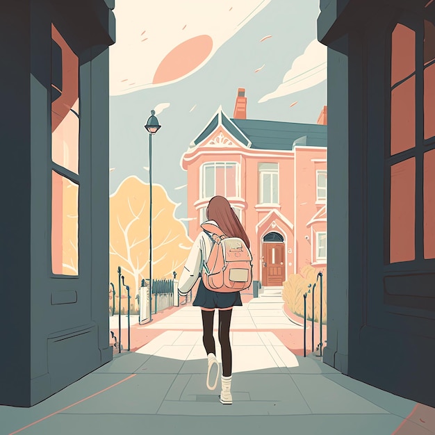 Una ragazza attraversa una città con un edificio rosa sullo sfondo.