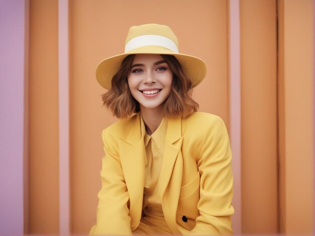 Una ragazza australiana che indossa un abito di colore giallo brillante alla moda e un cappello rotondo