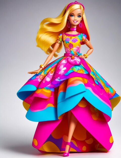 Una ragazza Barbie incredibilmente carina che indossa un vestito vibrante e colorato