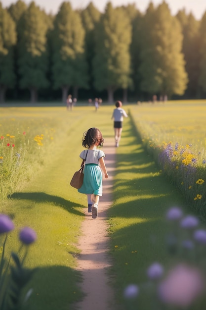 Una ragazza cammina lungo un sentiero in un campo con un campo di fiori sullo sfondo.