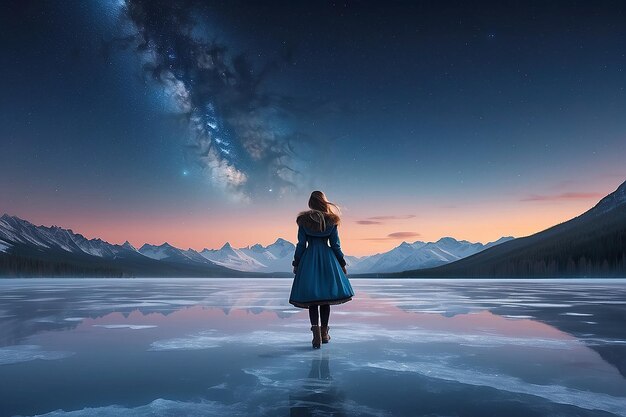 Una ragazza cammina sul lago ghiacciato guardando in lontananza di notte