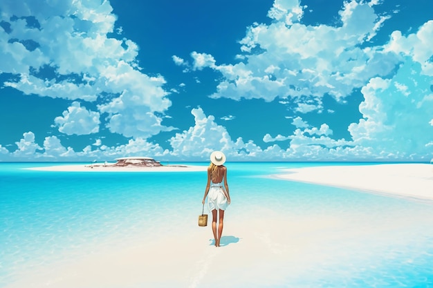 Una ragazza cammina sulla sabbia bianca di una vista posteriore dell'isola tropicale