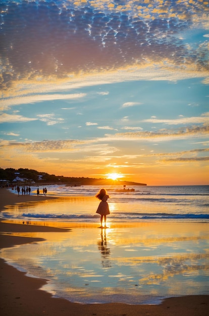 Una ragazza cammina sulla spiaggia al tramonto.