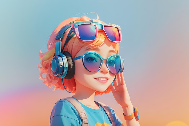 una ragazza carina bei occhiali da sole che si godono la musica con gli auricolari Illustrator