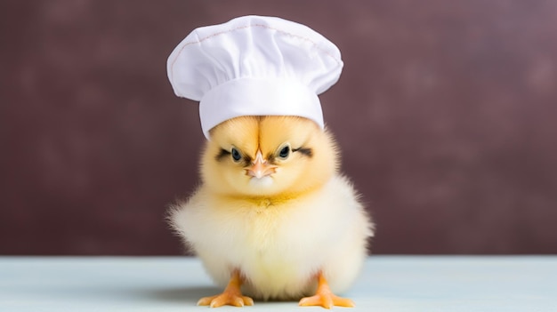 Una ragazza carina che indossa un cappello da chef, un pollo carino, un personaggio di cartone animato, una mascotte che fa un chef.