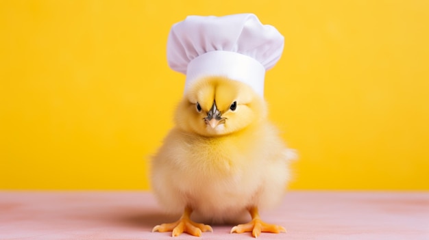 Una ragazza carina che indossa un cappello da chef, un pollo carino, un personaggio di cartone animato, una mascotte che fa un chef.