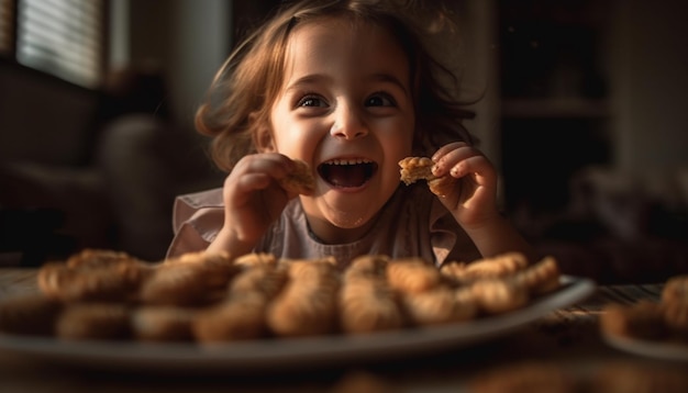 Una ragazza carina che sorride mentre mangia un biscotto generato dall'intelligenza artificiale
