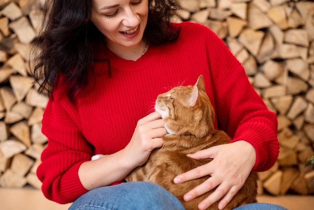 Una ragazza carina con un maglione accarezza un gatto rosso e lo guarda Un gatto con gli occhi chiusi