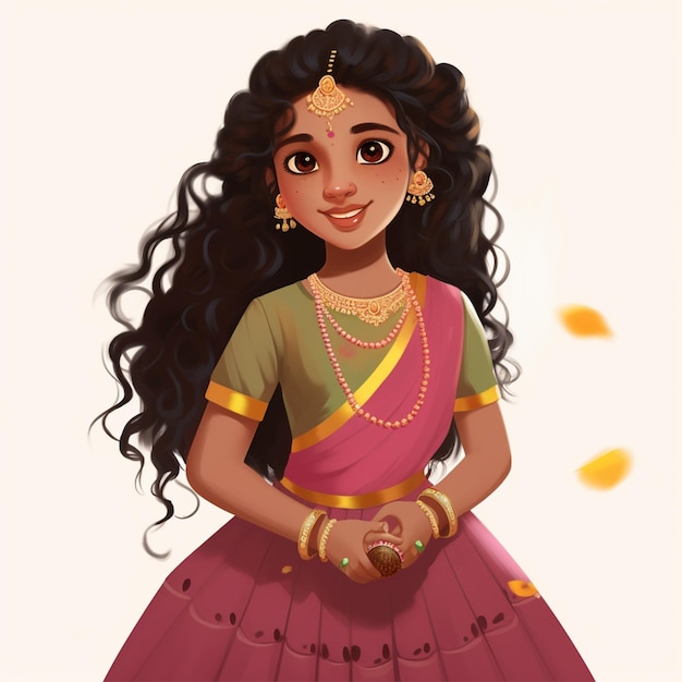 una ragazza carina di 10 anni nell'arte dell'illustrazione sari
