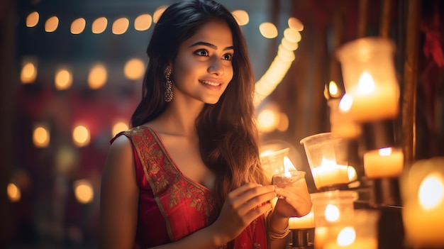 Una ragazza carina durante la celebrazione del Diwali che indossa un abito colorato Generative Ai