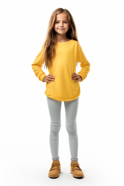 Una ragazza carina e felice che indossa abiti gialli in piedi isolata su uno sfondo bianco