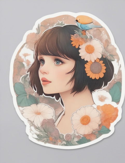 Una ragazza carina fiori immagine sticker AI generativa