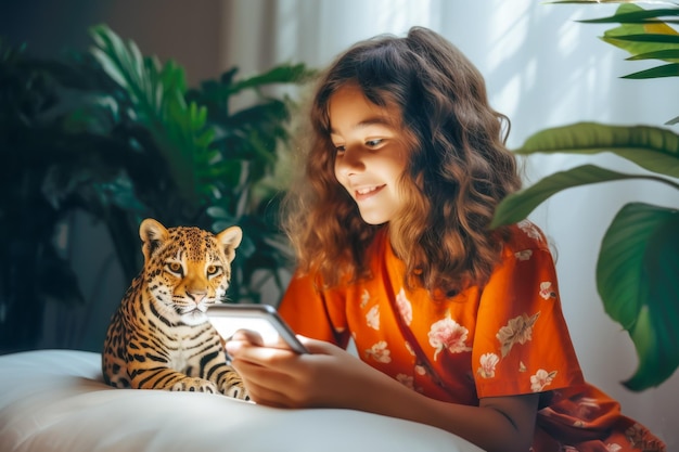 Una ragazza carina immersa in una fantasia di racconto con un piccolo leopardo.