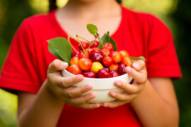 Una ragazza carina raccoglie le ciliegie in giardino al tramonto Prodotti ecologici estivi