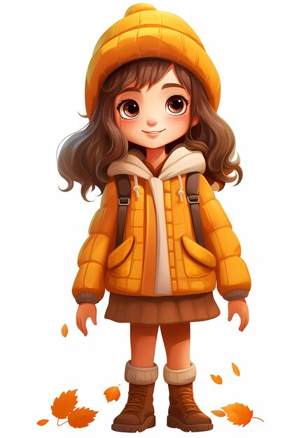 Una ragazza carina vestita con abiti d'autunno, un personaggio di cartone animato felice.