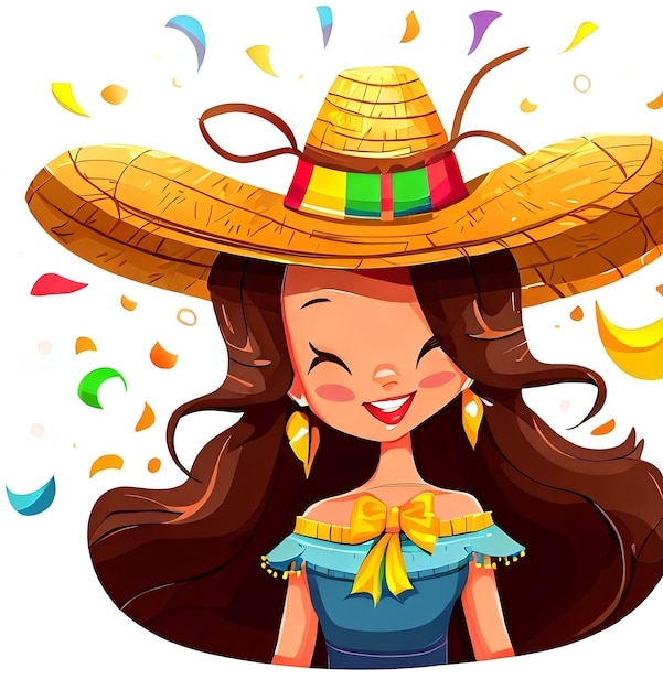 Una ragazza cartone animato con lunghi capelli castani che indossa un cappello di paglia e un nastro giallo con la scritta "fiesta".
