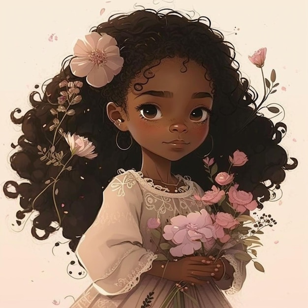 una ragazza cartone animato con un mazzo di fiori in mano ai generativa