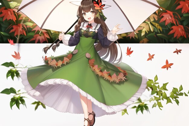Una ragazza cartone animato con un vestito verde e un fiore sulla gonna