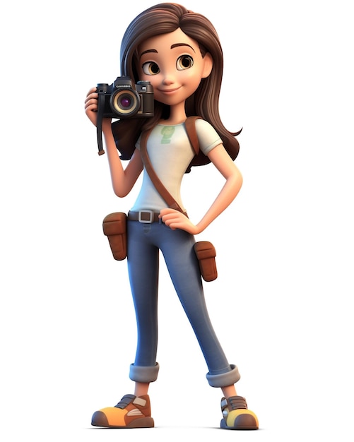 Una ragazza cartoon 3d con una macchina fotografica in mano tiene in mano una macchina fotografica IA generativa