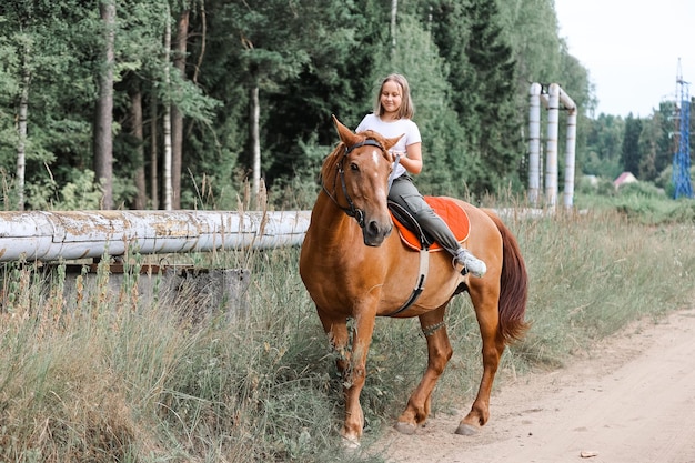 Una ragazza cavalca un cavallo nella calda estate nella foresta