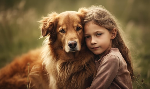 Una ragazza che abbraccia un cane con uno sfondo di erba verde.