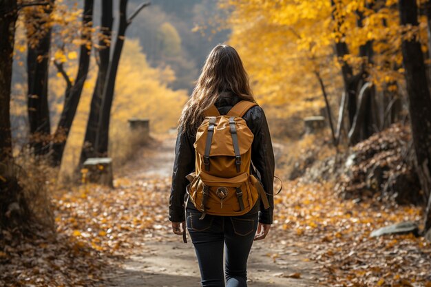 una ragazza che cammina con uno zaino nella foresta autunnale