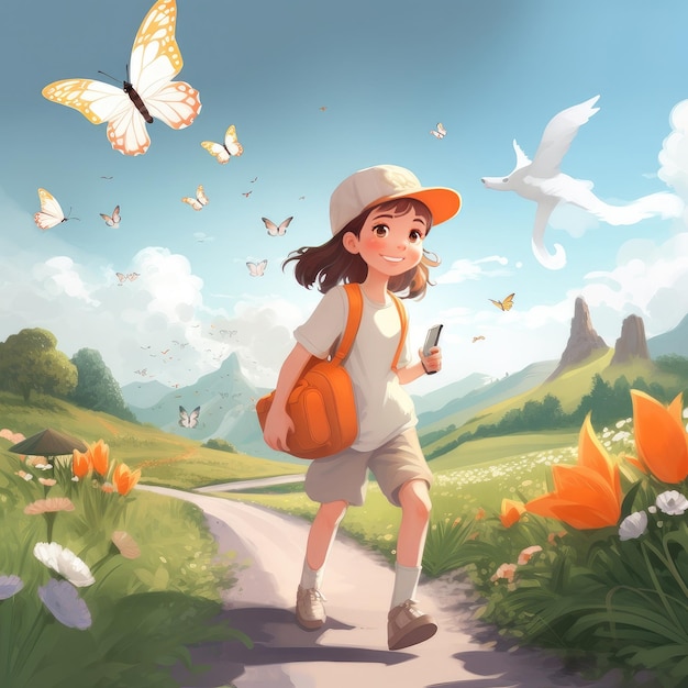Una ragazza che cammina in un campo con una farfalla sulla spalla.