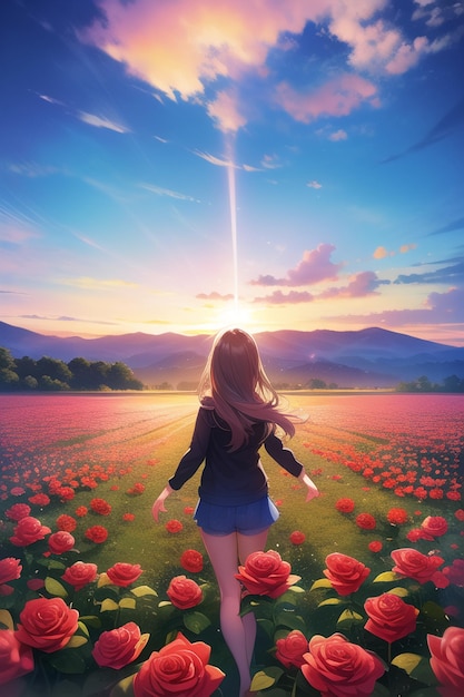 Una ragazza che cammina in un campo di fiori con il sole che le splende sulla gonna.