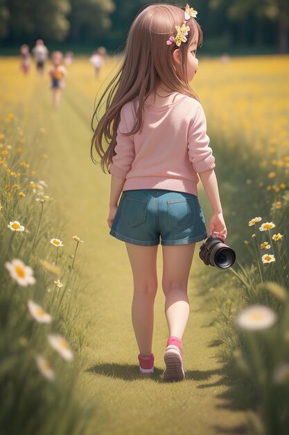Una ragazza che cammina in un campo di fiori