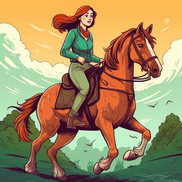 Una ragazza che cavalca un'illustrazione del fumetto del cavallo con l'IA generativa