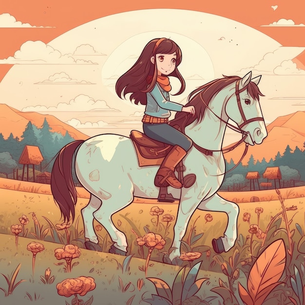 Una ragazza che cavalca un'illustrazione del fumetto del cavallo con l'IA generativa