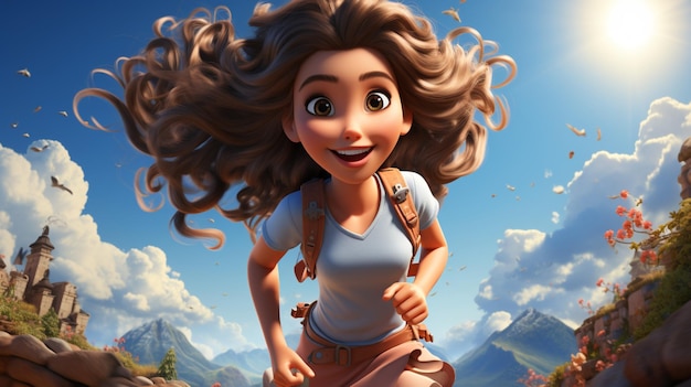 Una ragazza che corre su un sentiero con un cielo blu dietro il suo fumetto