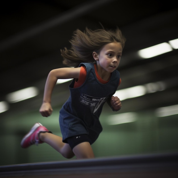 Una ragazza che corre su una pista con indosso una canotta che dice la parola sopra