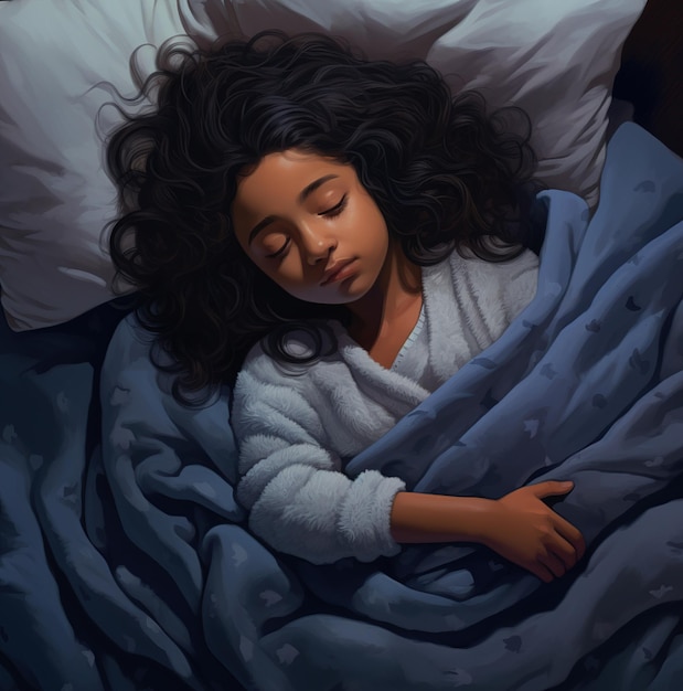 Una ragazza che dorme in un letto con una coperta su cui è scritto "sta dormendo".
